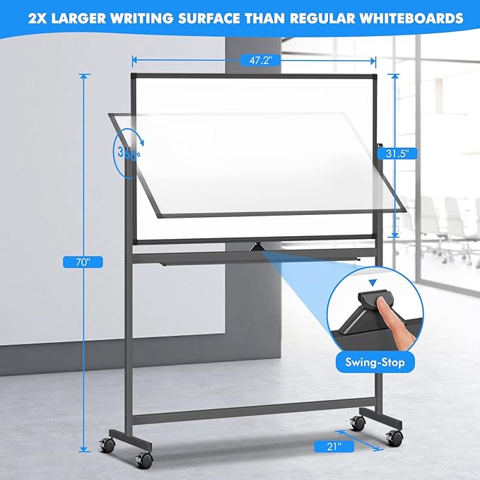 Rolling Dry Erase Board 48 x 32, maxtek Double-Sided Mobile White Board, Large Portable Magnetic Whiteboard with Stand - Easel Style Whiteboard with Wheels for Home Office Classroom School, Black