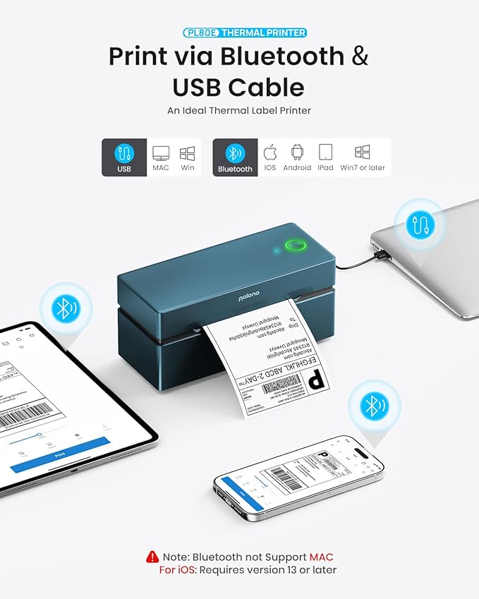 POLONO Bluetooth Thermal Shipping Label Printer, Wireless 4x6 Shipping Label Printer for Small Business, Support iOS, Android, Windows, Mac. Compatible with Amazon, Ebay, Shopify, Etsy, USPS (Blue)