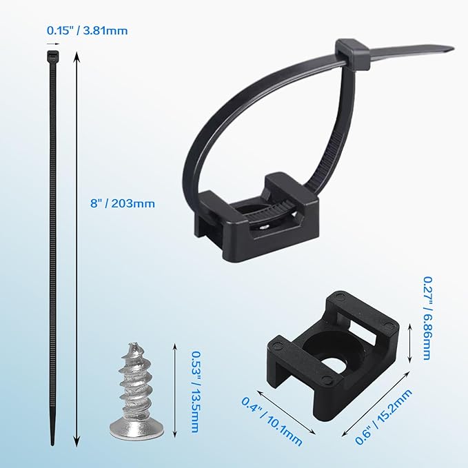 100Pcs Zip Ties with Screw Hole 8 Inch Cable Tie Mount, 0.6" Saddle Type Cable Mount Base Wire Mounting Clips Nylon Organizer Holders Clapms Zip Ties Anchors Fasteners for Wall(Black)
