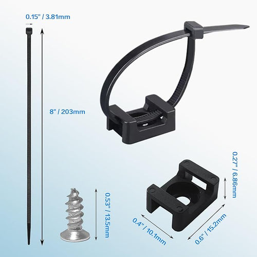 100Pcs Zip Ties with Screw Hole 8 Inch Cable Tie Mount, 0.6" Saddle Type Cable Mount Base Wire Mounting Clips Nylon Organizer Holders Clapms Zip Ties Anchors Fasteners for Wall(Black)