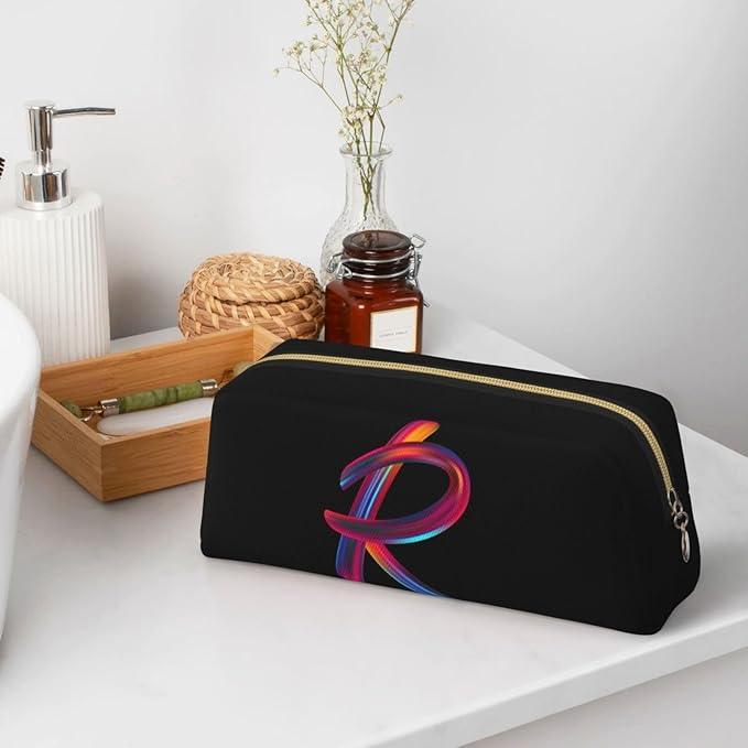 Cute Initial Pencil Case for Kids Simple Leather Pencil Pouch for Boys Girls Letter Design Pencil Box Pen Bag Pencil Pouch Office Stationery Organizer, Rainbow Letter R
