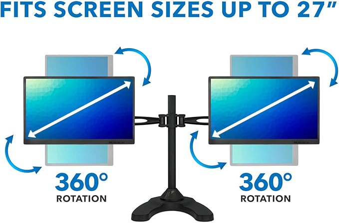 Mount-It! Free Standing Dual Monitor Stand | Double Arm Desk Mount Fits Two x 21 24 27 Inch Computer Screens | 2 Heavy Duty Full Motion Adjustable Arms | VESA 75 100 Compatible | Grommet Base Included