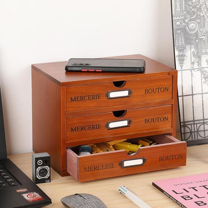 Wooden Storage Box Rustic Desktop Organizer with 3 Drawers Office Desk Accessories Shelf Small Craft Storage Containers Apothecary Cabinet and Chest Jewelry Holder for women(BROWN)