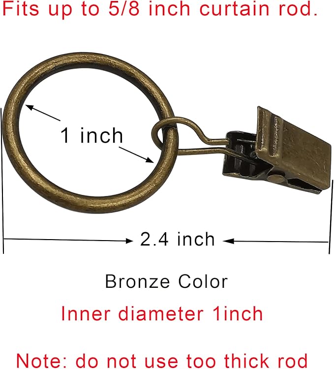 LLPJS 100 Pack Curtain Rings with Clips, Curtain Clip Rings Hooks, Bow Hanger Clips for Hanging Drapery Drapes Bows, Ring 1 inch Interior Diameter, Fits up to 5/8" Rod, Bronze