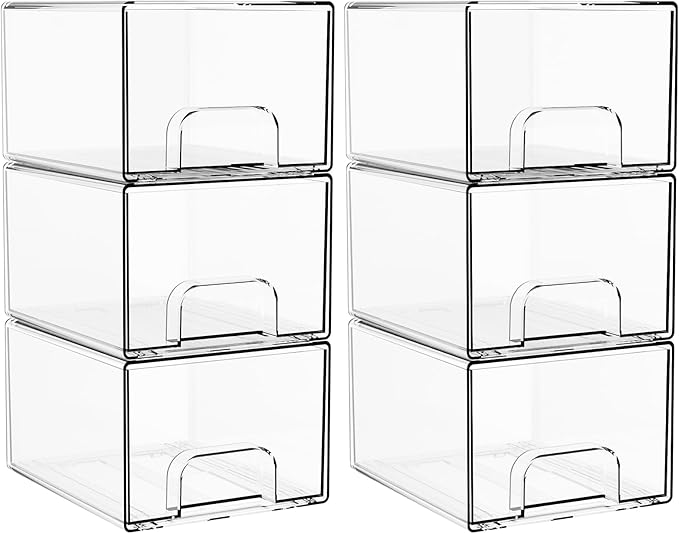 4.4" Tall Small Clear Acrylic Stackable Storage Drawers for Vanity,Under Sink,Bathroom Closet,Medicine Cabinet Organization and Plastic Storage Bins for Organizing Makeup,Baby Bottles,Pacifier,6 PCS