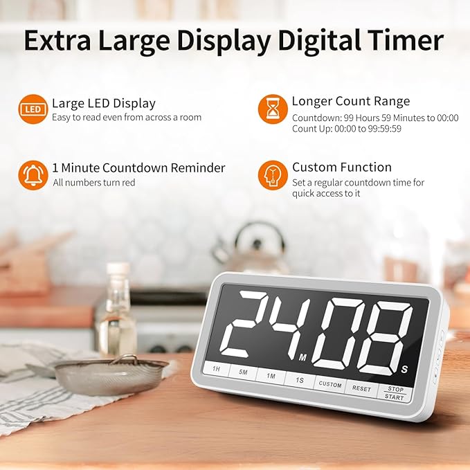 VOCOO Digital Kitchen Timer with 7.8” Extra Large Display, Magnetic, LED with 3 Brightness, 4 Alarms and 3 Volume Levels, Battery Countdown Count Up Timer for Cooking, Classroom, Home Gym (White)