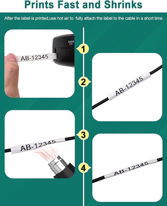 Nineleaf 10 Pack Compatible for DYMO 18051 Rhino Heat Shrink Tube Industry Label Tape 6mm 1/4" x 5ft Black on White Wire Tapes for Industrial Rhino Pro 3000 4200 5000 5200 6000 3M Label Maker