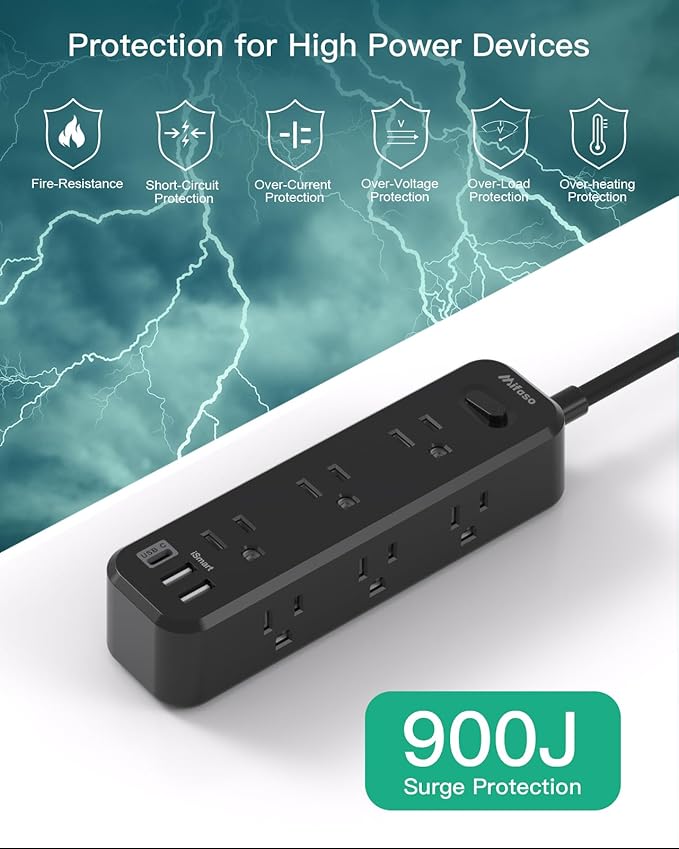 Mifaso Extension Cord, Surge Protector Power Strip, Long Extension Cord with 9 Outlets 3 USB Ports, Extension Cord with Multiple Outlets, USB Power Strip for Dorm Room Essentials, College (15FT,Black)