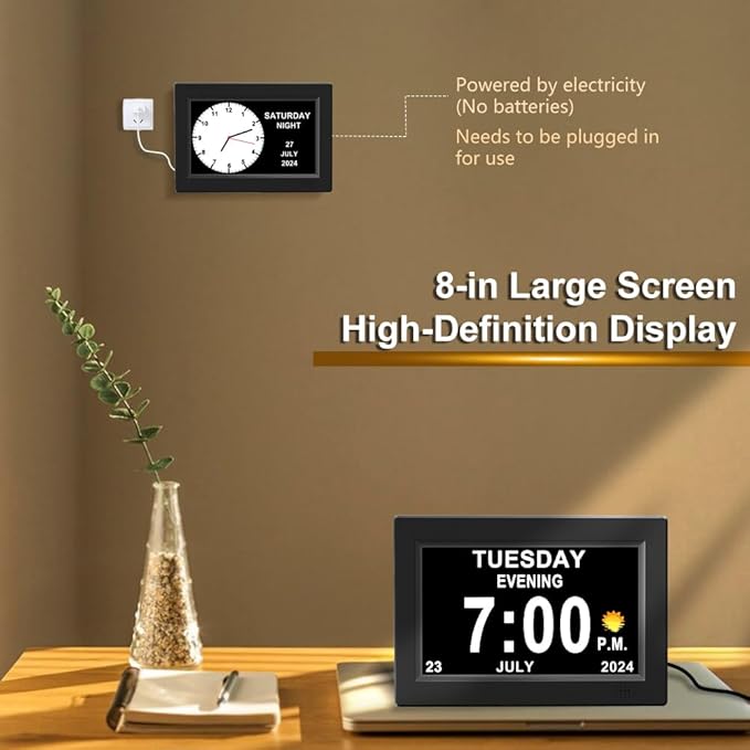 CAZOKASI 8inch Extra Large Impaired Vision Digital Alarm Clock with Day and Time for Elderly Calendar Clock Auto Dimmable Clock