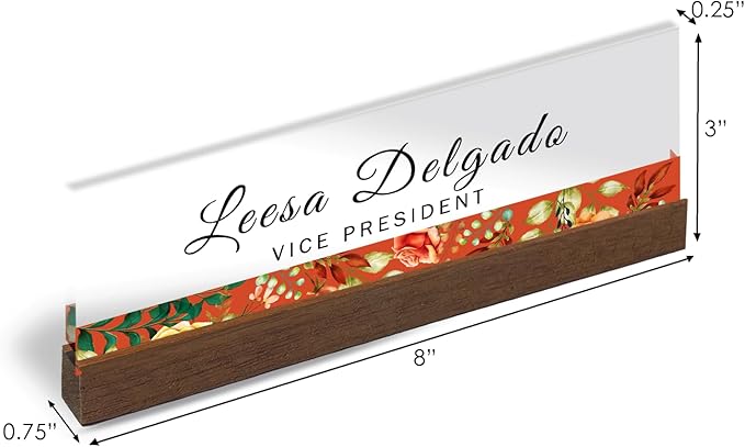 Artblox Personalized Office Desk Name Plate and Business Card Holder | Clear Acrylic Glass with Teak Wood Stand | Flower Stripe Design Customized with Your Name and Credentials Office Desk Décor