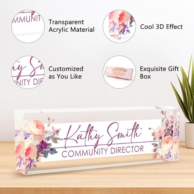 Desk Name Plate Personalized Name Plate for Desk, Office Desk Decor, 3D Style Personalized Plaque Name Plates for Desks Custom Appreciation Gifts for Boss Lady Employee Coworkers (Watercolor Flowers)