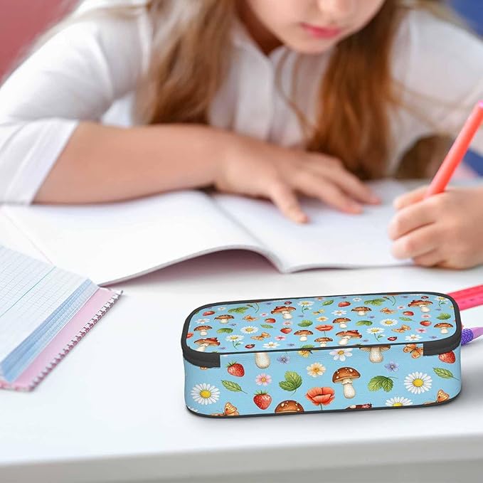 Mushrooms Pencil Case Organizer Butterfly Strawberry Summer Flowers Berries Stationery Box Makeup Colleague Office Supply for Adults Men Women