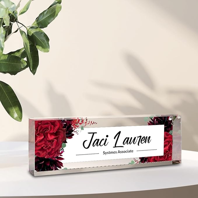 Custom Name Plates for Desks, Desk Decor, Personalized Desk Gifts, Office Desk Name Plate Personalized, Name Tags, Desk Accessories for Men or Women, Acrylic Name Plate for Desk(Red Rose) 731