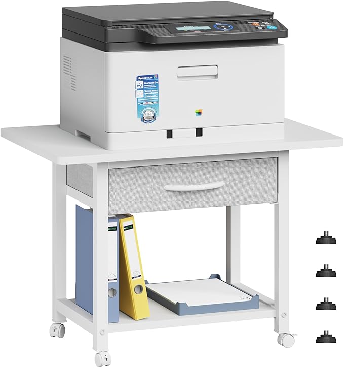YAOHUOO 22"x15" Large Printer Stand with Storage Drawer, 2-Tier Under Desk Table for Home Office, Fits Fax Machine/3D Printer/Scanner (White)