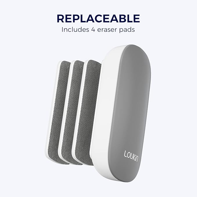 loukin Replaceable Dry Erase Eraser, Magnetic Whiteboard Eraser with 3 Replaceable Felt Pads, 4-in-1 Glass Whiteboard Erasers, 3.4 fl oz Cleaner Included (Gray)