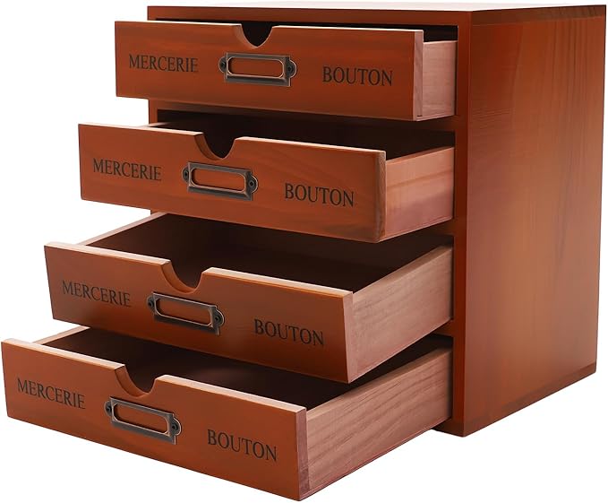 Stackable Wooden Desk Organizer with 4 Drawers Retro Brown Modular Storage Boxes for Home Office, Makeup, Stationery - No Assembly Required