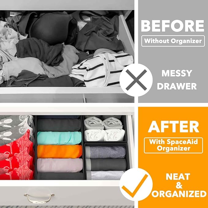 SpaceAid Drawer Organizer for Clothes, 6 Pack Dresser Drawer Organizer Bins, Closet Organizers and Storage Dividers for Clothing, Underwears, Socks (Black)