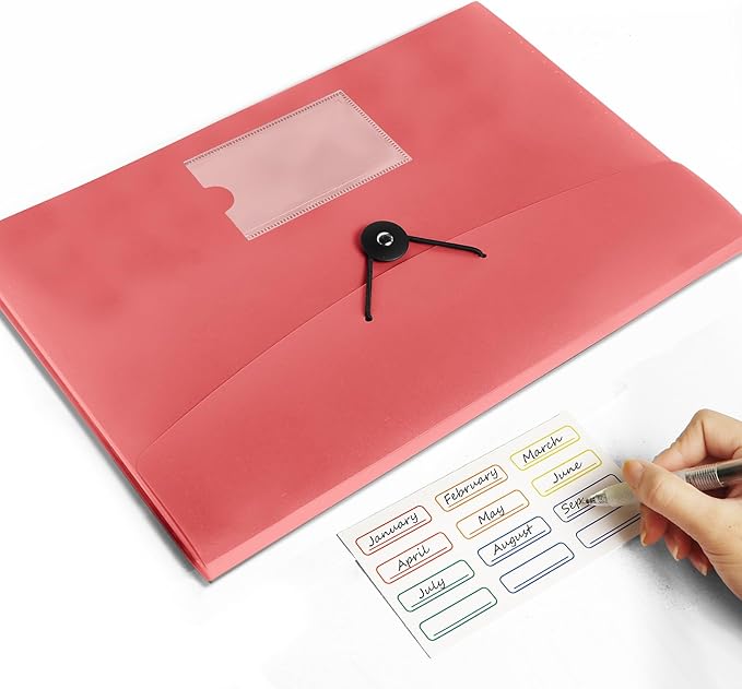 4 Pack 7 Pocket Accordian File Organizer with Labels, Expanding File Folder Plastic Expandable File Folder for Documents Letter Size A4 Papers