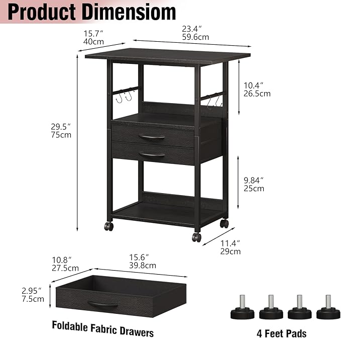 Large Printer Stand with Storage Fabric Drawer Under Desk Printer Table with Wheels for Home Office, Printer Cart fit Fax Machine Scanner (Black, 3 Tiers)