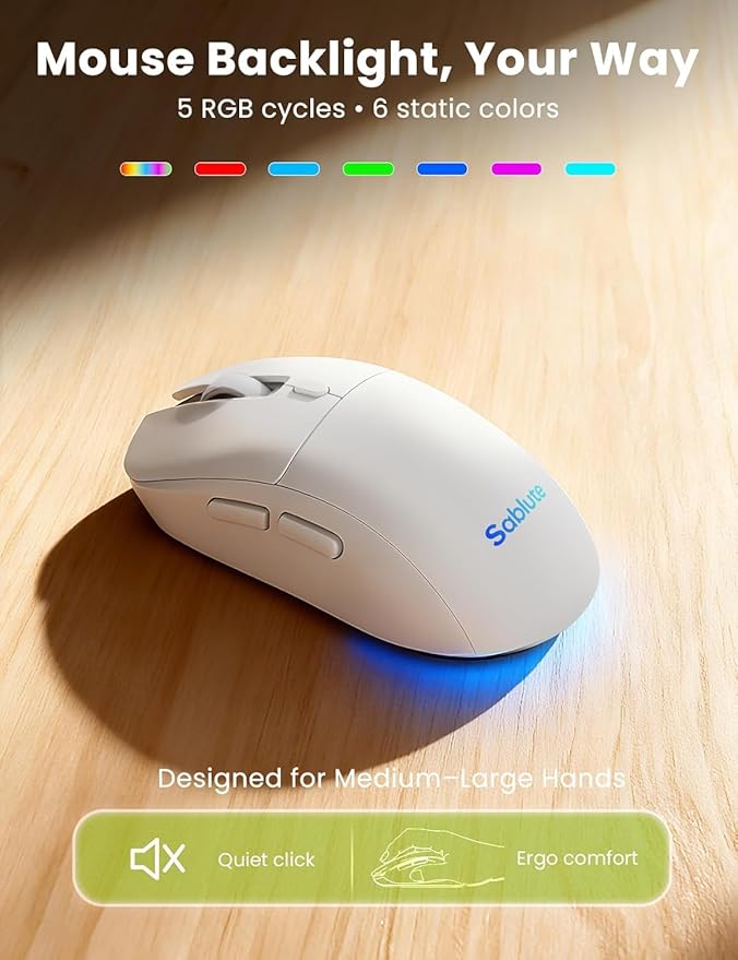 White Wireless Keyboard and Mouse Combo, Light up Ergonomic Keyboard Set, 2.4G Full Size Ergo Wave Key Board with Cushioned Plam Rest, Silent Mouse, for Computer/Laptop/Windows/Mac, Sablute