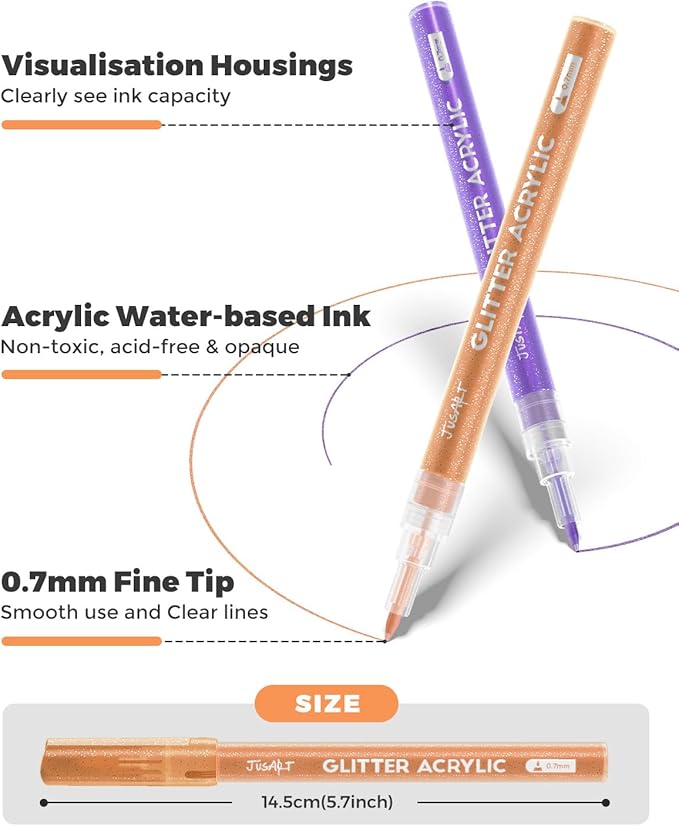 JusArt 32 Colors Glitter Markers, Glitter Paint Pens Sparkly and Shiny for DIY Card Making, Coloring, Scrapbooking, Glass, Wood, Stone, Fabric, Rock - 0.7mm Extra Fine Acrylic Paint Markers