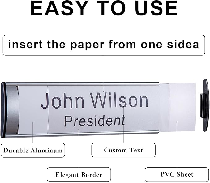 5 Pcs Office Name Plates Holder for Doors, 3 Inches x 8 Inches Curved Wall Mount Door Sign Holder, Silver Aluminum Sign Holder for Office Wall with Plastic Film and Adhesive Tape