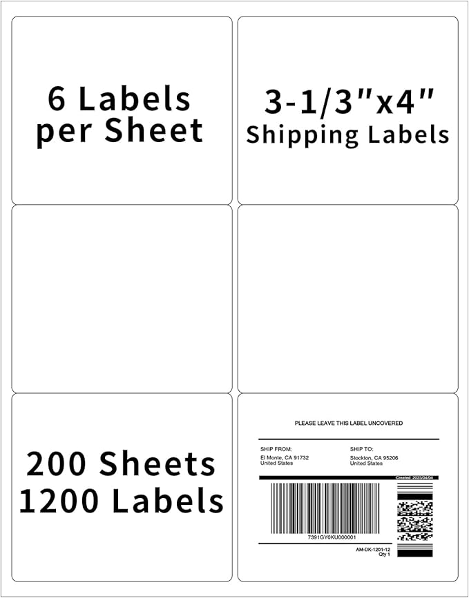 200 Sheets 【1200 Labels】 FBA Box Labels, 3-1/3" x 4" Shipping Address Labels for Laser & Inkjet Printers, Product Labels, 6 per Page Printable Mailing Label, Matte