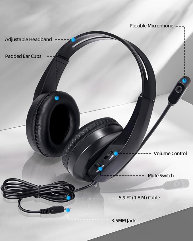 Grstltd Wired Headset with Mic for Laptop – Computer Headset for Kids Teens Adults with Noise Canceling Microphone & Volume Control – 3.5mm Stereo Headphones with Mute for Home Office Class