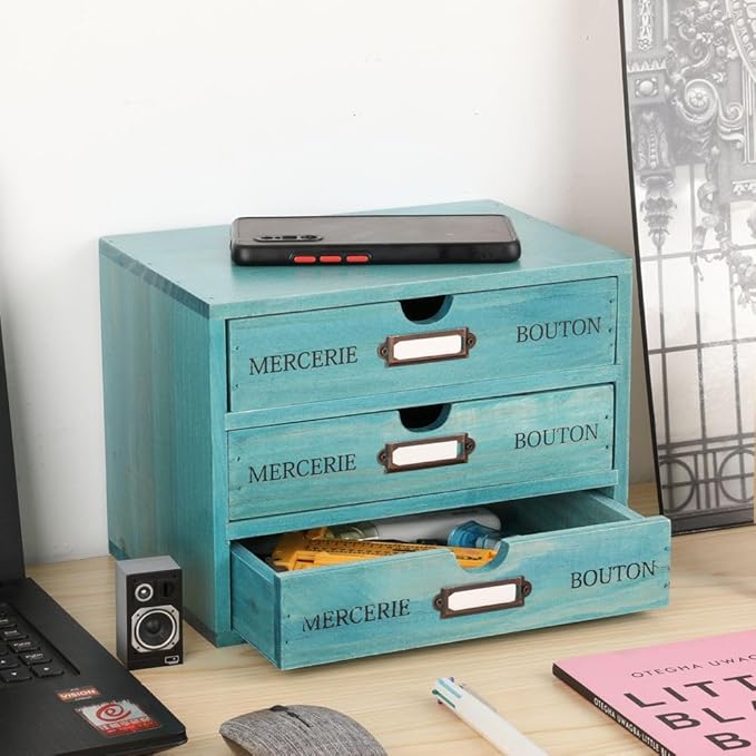 Wooden Storage Box Rustic Desktop Organizer with 3 Drawers Office Desk Accessories Shelf Small Craft Storage Containers Apothecary Cabinet and Chest Jewelry Holder for women(BLUE)