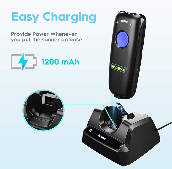NADAMOO Wireless Barcode Scanner Compatible with Bluetooth, with Charging Dock, Portable USB 1D Bar Code Scanner for Inventory, 2.4G Wireless & Wired Barcode Reader for Tablet iPhone iPad Android iOS
