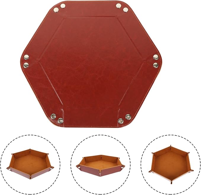 PU Leather Hexagonal Folding Tray Desktop Storage Organizer for Jewelry Keys Coins Home Accessories and Comfortable Catchall Plate with Elegant Brown Finish for Versatile Use