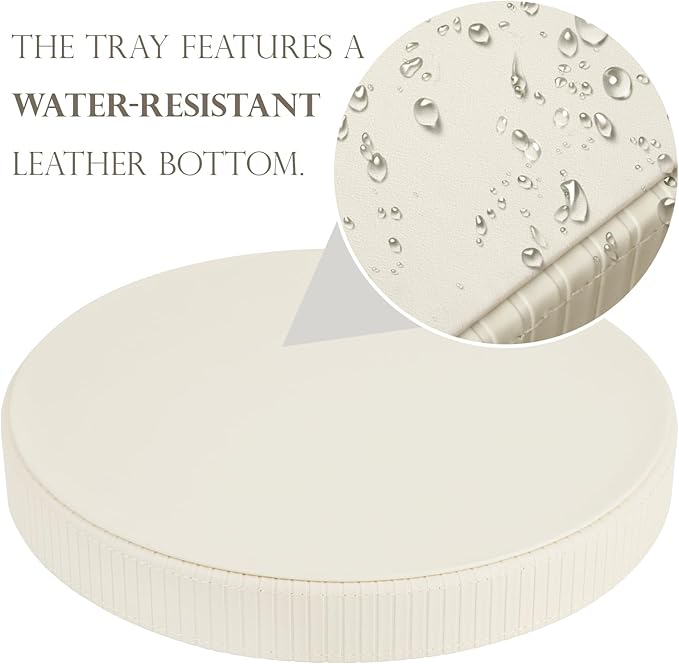 HofferRuffer Round Decorative Tray, Faux Leather Vanity Tray Decor, Decorative Catchall for Perfume, Bathroom Valet, Nightstand or Dresser, 12 x 12 x 1.6 inches (CreamWhite Stripe)