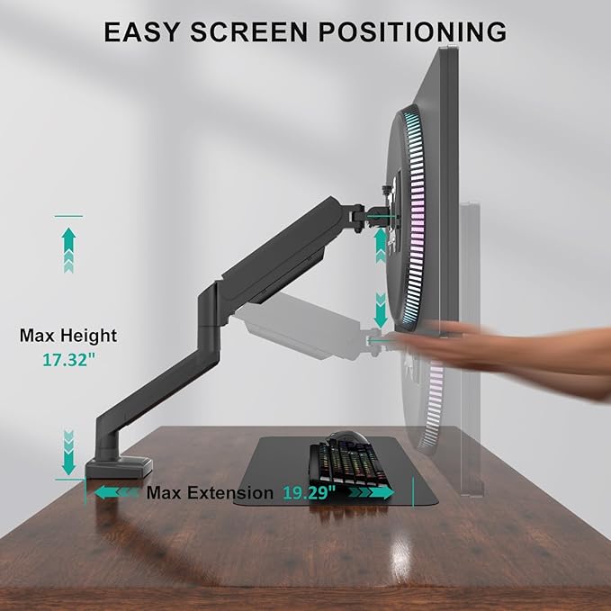 WALI Single Monitor Mount, Gas Spring Monitor Arm for 17-34 inch Screens, Adjustable Computer Monitors Stand up to 26.4lbs, with Clamp and Grommet Base, Mounting Holes 75 and 100mm (GSMP001N), Black