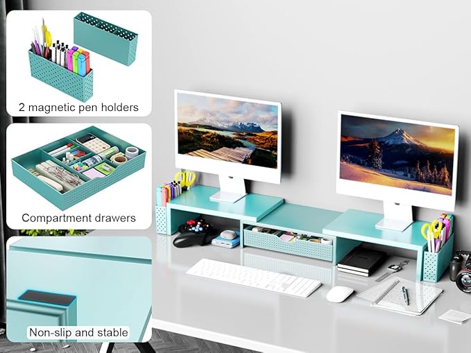 Spacrea Metal Desk Organizers and Accessories, Dual Monitor Stand Riser with Drawer and 2 Pen Holders, Desk Accessories & Workspace Desktop Organizers for Office Supplies (Blue)