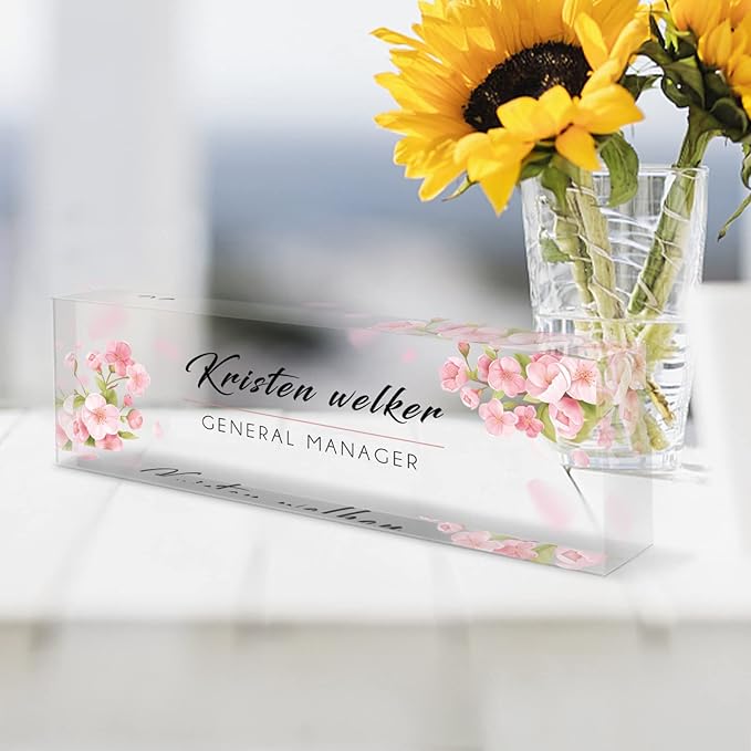 Personalized Office Name Plate for Desk, Custom Employee Appreciation Gifts, Acrylic Desk Name Plate Funny, Desk Decorations Gift, Acrylic Desk Ornaments… (Pink Orchids)
