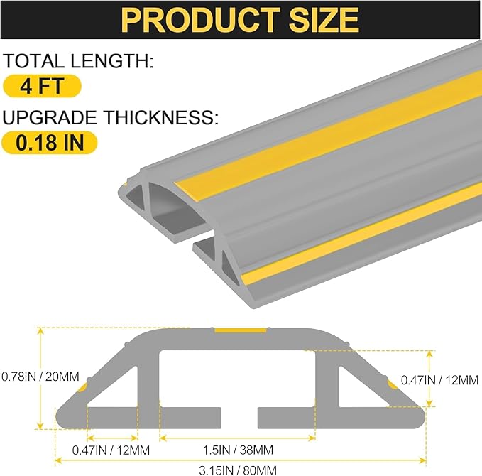 MYFAMIREA 4FT Floor Cord Cover Heavy Duty Cord Cover for Wire on Floor, Outdoor Cable Covers Protector with 3 Channels, Extension PVC Wire Covers Hider Management for Home Office Outdoor, Grey