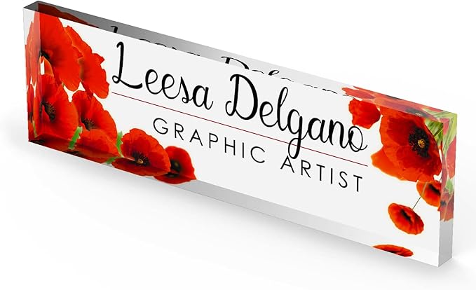 Artblox Office Personalized Name Plate for Desk with Business Card Holder On Clear Acrylic Glass Poppy Flowers Design Custom Desk Name Plate with Your Name and Credentials Customized Gift