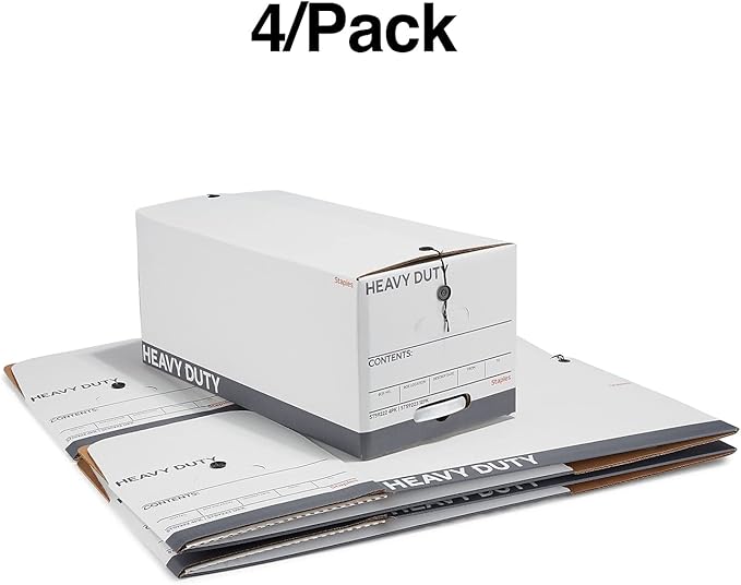 STAPLES Storage & Filing Box, Heavy-Duty with Handles & String-Button Lid, Letter Size Documents, Stackable, 4-Pack, White/Gray