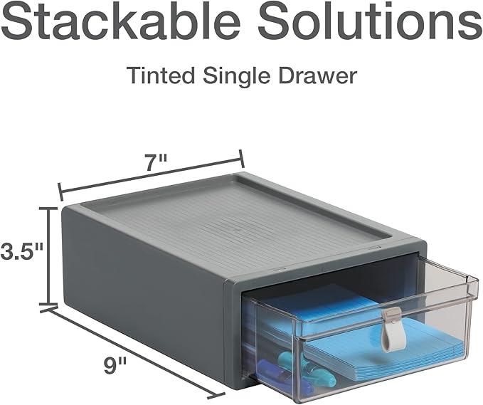 Pendaflex Stackable Drawer, Durable Plastic, Silicon Handles, Tinted Drawers, Single, Gray, 9" x 7" x 3.5", Medium, 1 Piece (41792)