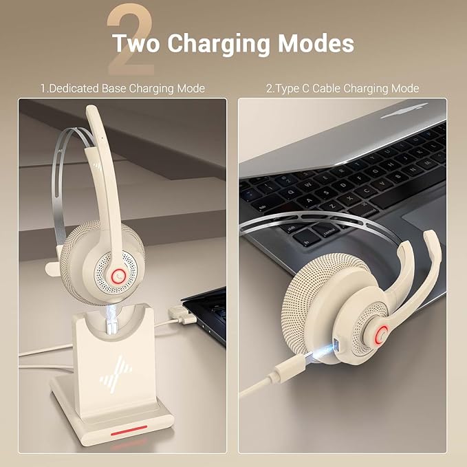 JIAMQISHI Bluetooth Headset - Wireless Headset with Noise Cancelling Microphone, V5.2 Computer Headphones with USB Dongle, Charging Base & Mic Mute for Work/Call Center/PC/Laptop/Online Class/Zoom