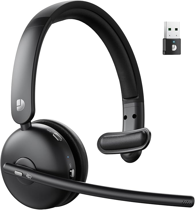 Dytole Wireless Headset with Mic for Work, Bluetooth Headset with Mic, AI Noise Cancelling, 65H Battery & Mute Function, Single-Ear Wireless Headset & USB Dongle, Fit for PC/Laptop/Teams/Call Center