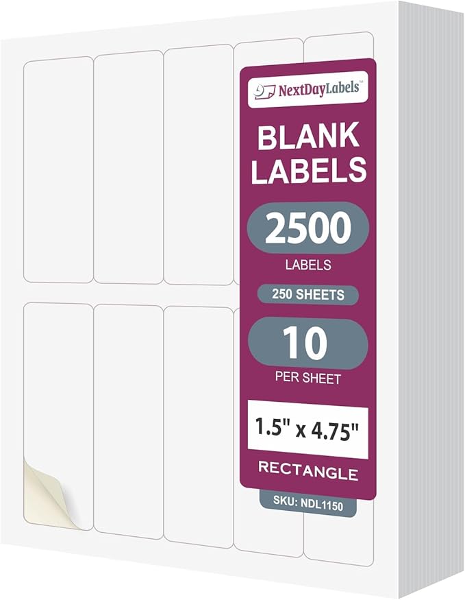 NextDayLabels – 1.5" x 4.75" Rectangle Sticker Labels for Printer - White Laser/Inkjet Printer Labels Return Address Labels Shipping Label Stickers (250 Sheets, 10 Per Sheet, 2500 Labels)