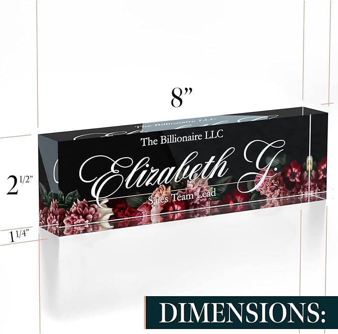 Desk Name Plate Personalized, Custom Name Plates, 2½/x8 Inches, Thick Crystal-Clear Acrylic, Gift Box, Office Desk Decor. USA Made by ACRYLUXE (Florist)