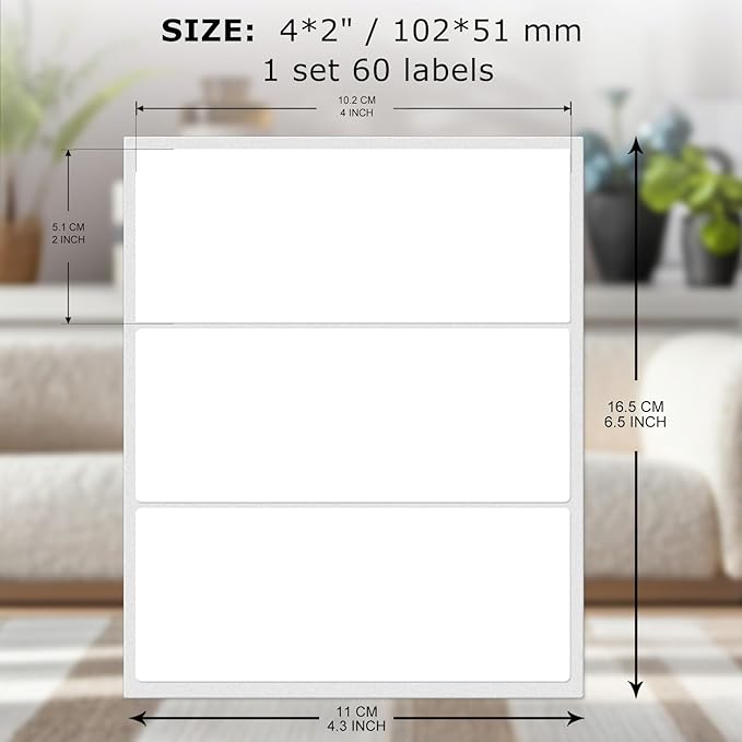 FINDAT Rectangle Label Stickers 4×2 Inch Vinyl Removable White Sticker Waterproof Writable File Folder Moving Labels for Boxes Home Office Labeling 60 PCS