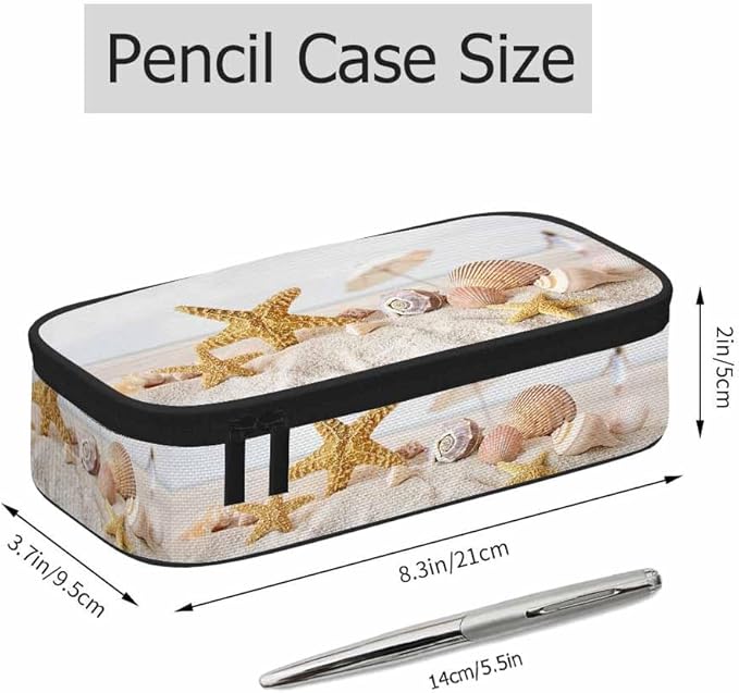 Starfish Seashells Pencil Case Sand Beach Summer Pencil Bag Pouch Box Organizer for College Student Teen Adults