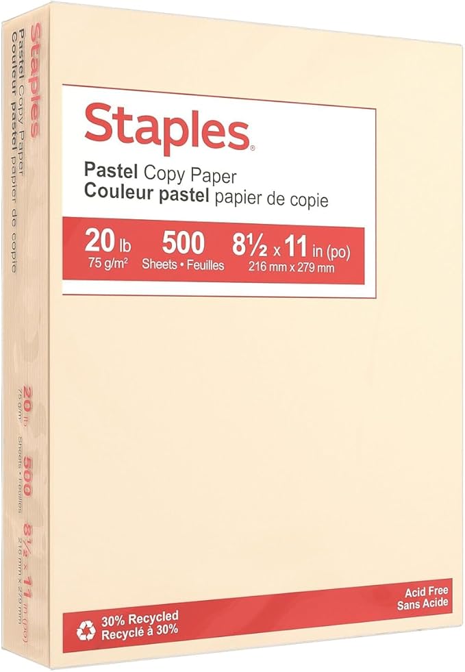 Staples Pastel Recycled Copy Paper, Cream, 20 lb., 8.5" x 11", 500 Sheets – 30% Recycled Multipurpose Paper for Printing & Documents