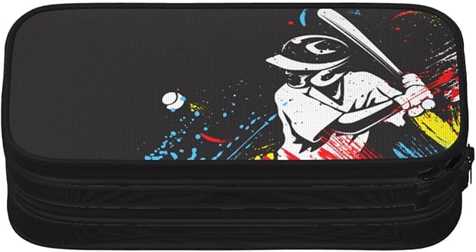 Baseball Themed Pencil Box Black Pencil Case for Sports Kids Boys Men, Big Capacity Canvas Storage Pouch Marker Pen Bag Stationery Organization Bag, Portable Travel Storage Box Desk Office Organizer