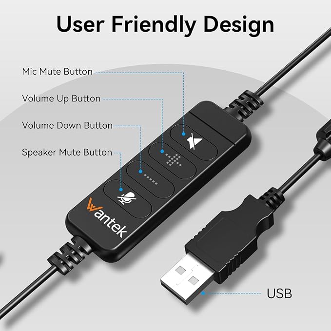 Wantek USB Headset with Microphone for PC, Computer Headset with Noise Canceling Microphone with Mute for Home Office Online Skype Zoom Meetings