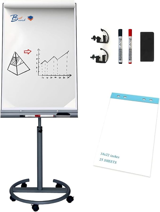 BEST BOARD Mobile Whiteboard with Stand 26x40 Inch Adjustable Height Rolling Whiteboard on Wheels, Magnetic Dry Erase Board with Flip Chart Easel Stand, Paper Pad for Office, Classroom