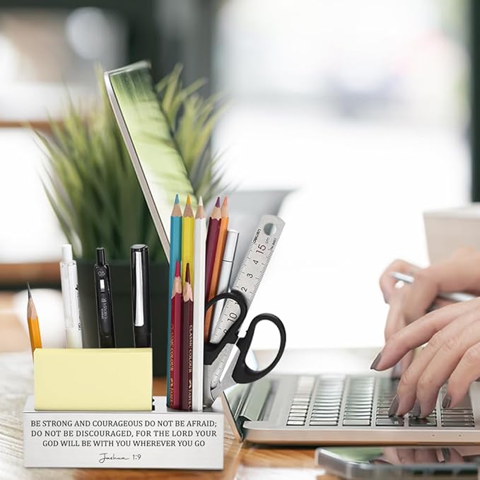 Inspirational Bible Verse Pen Holder, Christian Desk Organizer with Joshua 1:9, Religious Gifts for Coworkers, Friends, Faith Based Office Decor, Christian Pencil Holder for Men & Women YCP67